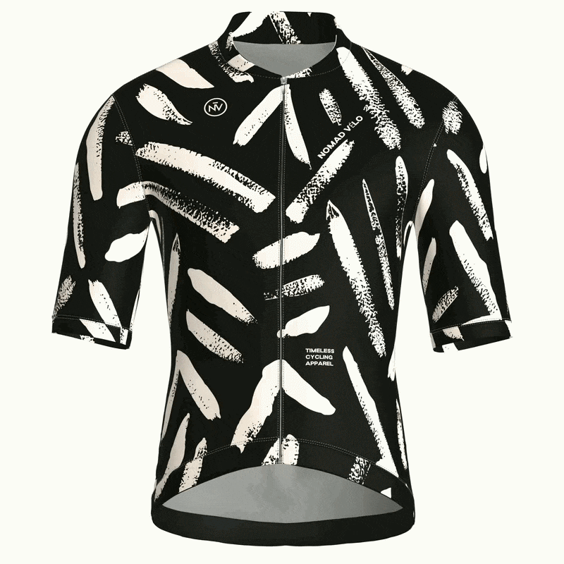Maglia da ciclismo nera a maniche corte con stampa a pennellate, vestibilità da gara.