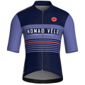 Maglia da ciclismo a maniche corte con motivo a righe retrò blu navy, vestibilità da gara.