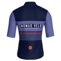 Maglia da ciclismo a maniche corte con motivo a righe retrò blu navy, vestibilità da gara.