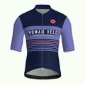 Maglia da ciclismo a maniche corte con motivo a righe retrò blu navy, vestibilità da gara.