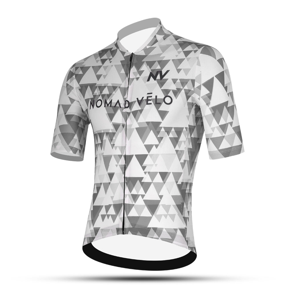 Maglia da ciclismo grigia aerodinamica – Maniche corte, vestibilità da gara, motivo geometrico, ideale per pedalate veloci | Nomad Vélo