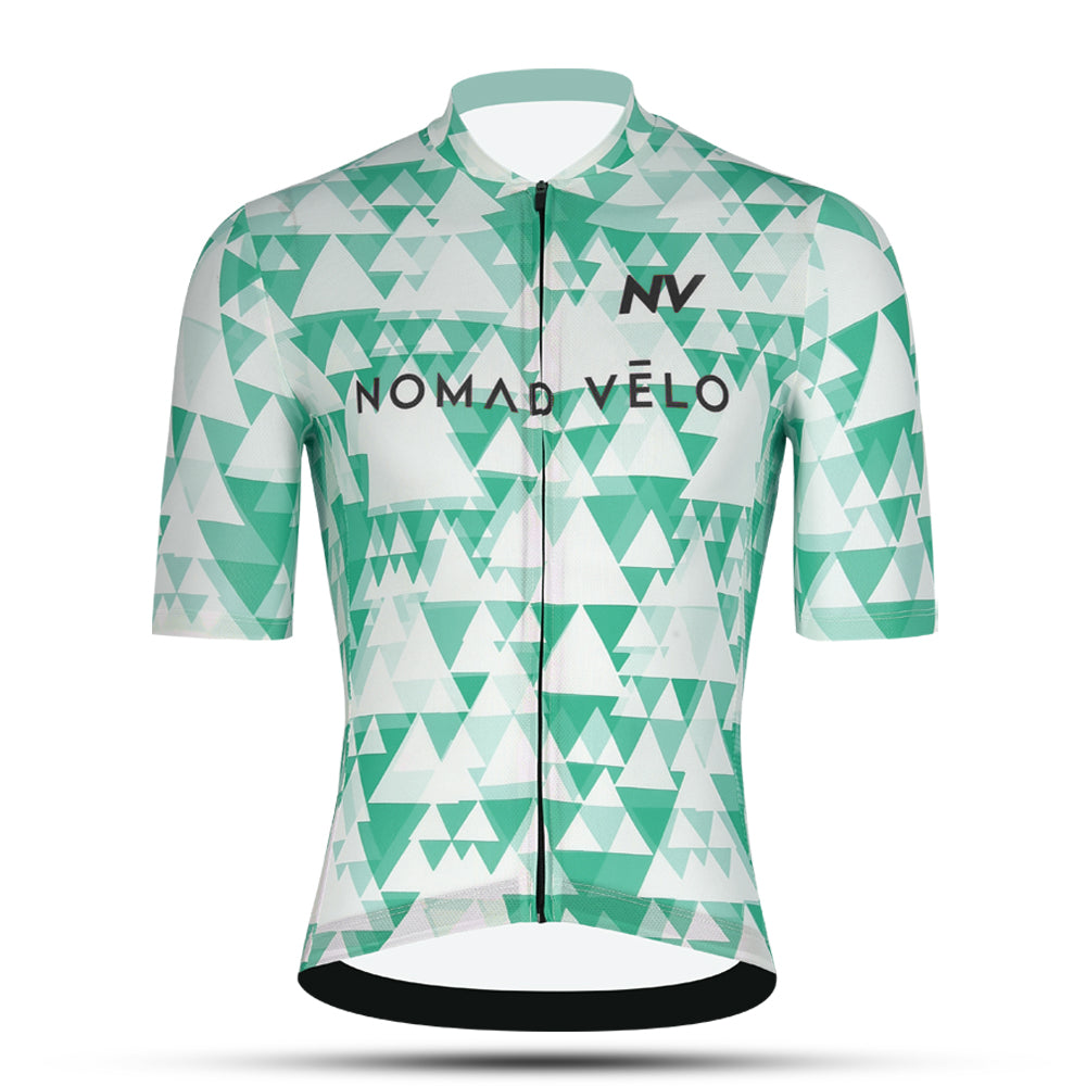 Maglia da ciclismo verde aerodinamica – Maniche corte, vestibilità da gara, motivo geometrico, ideale per pedalate veloci | Nomad Vélo