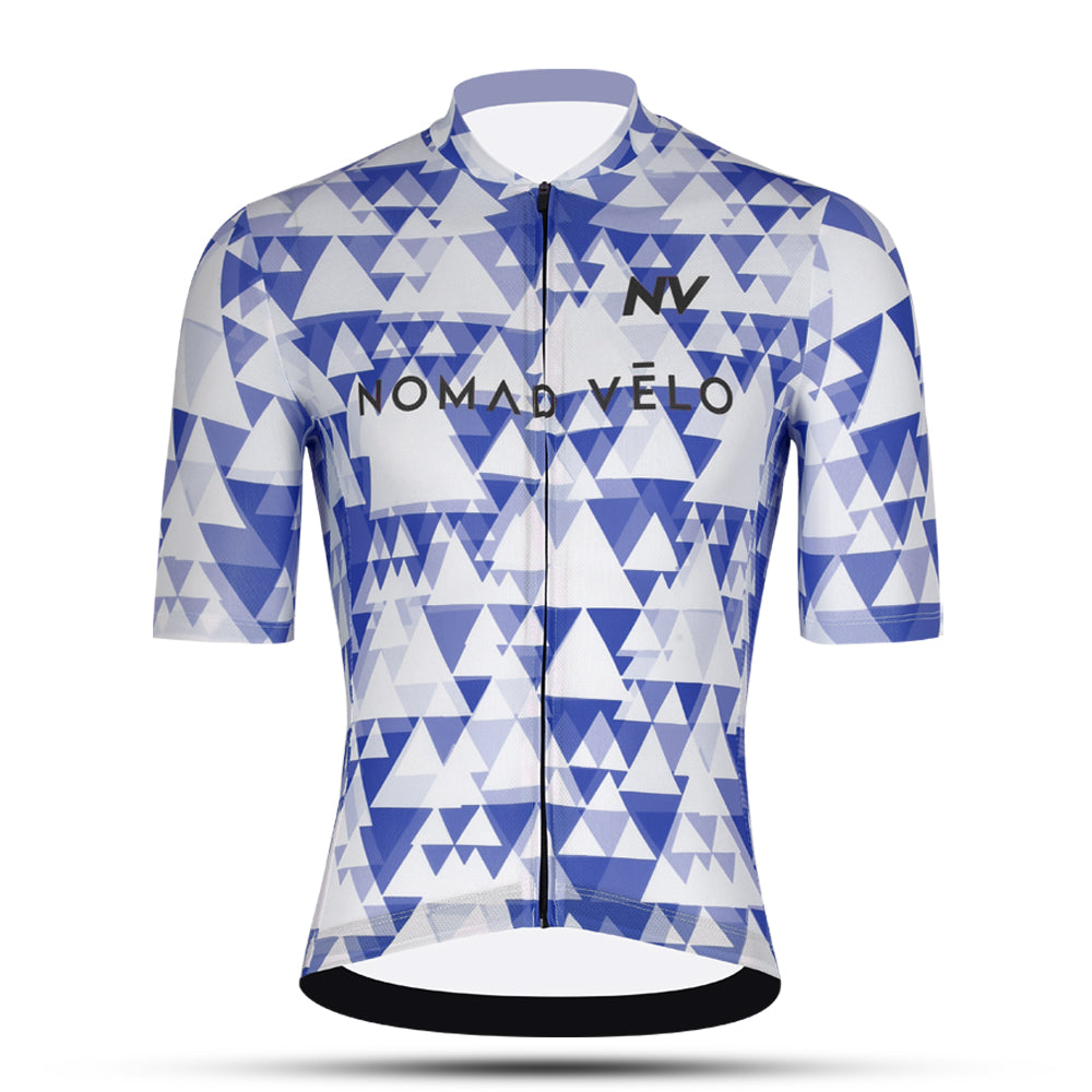 Maglia da ciclismo blu aerodinamica – Maniche corte, vestibilità da gara, motivo geometrico, ideale per pedalate veloci | Nomad Vélo