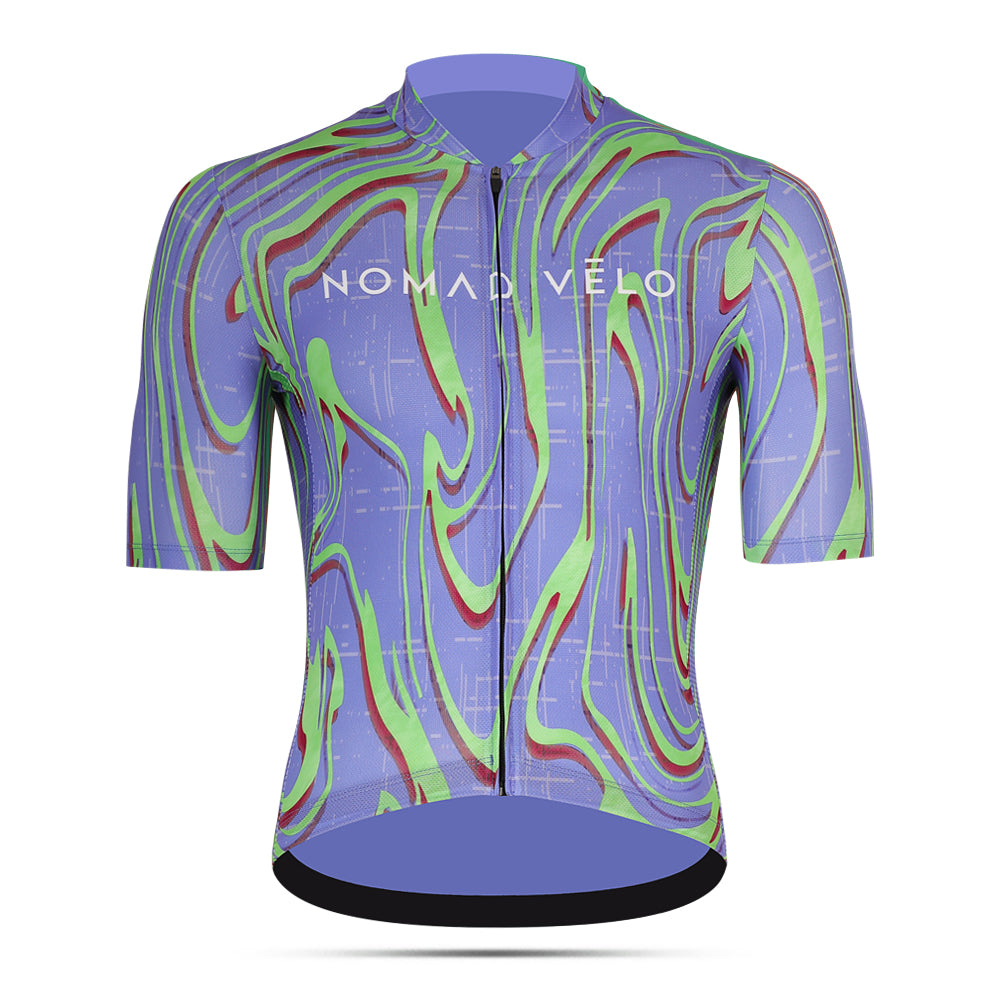 Maglia da ciclismo Pro viola a maniche corte, vestibilità slim, fantasia Neon Ember | Nomad Vélo