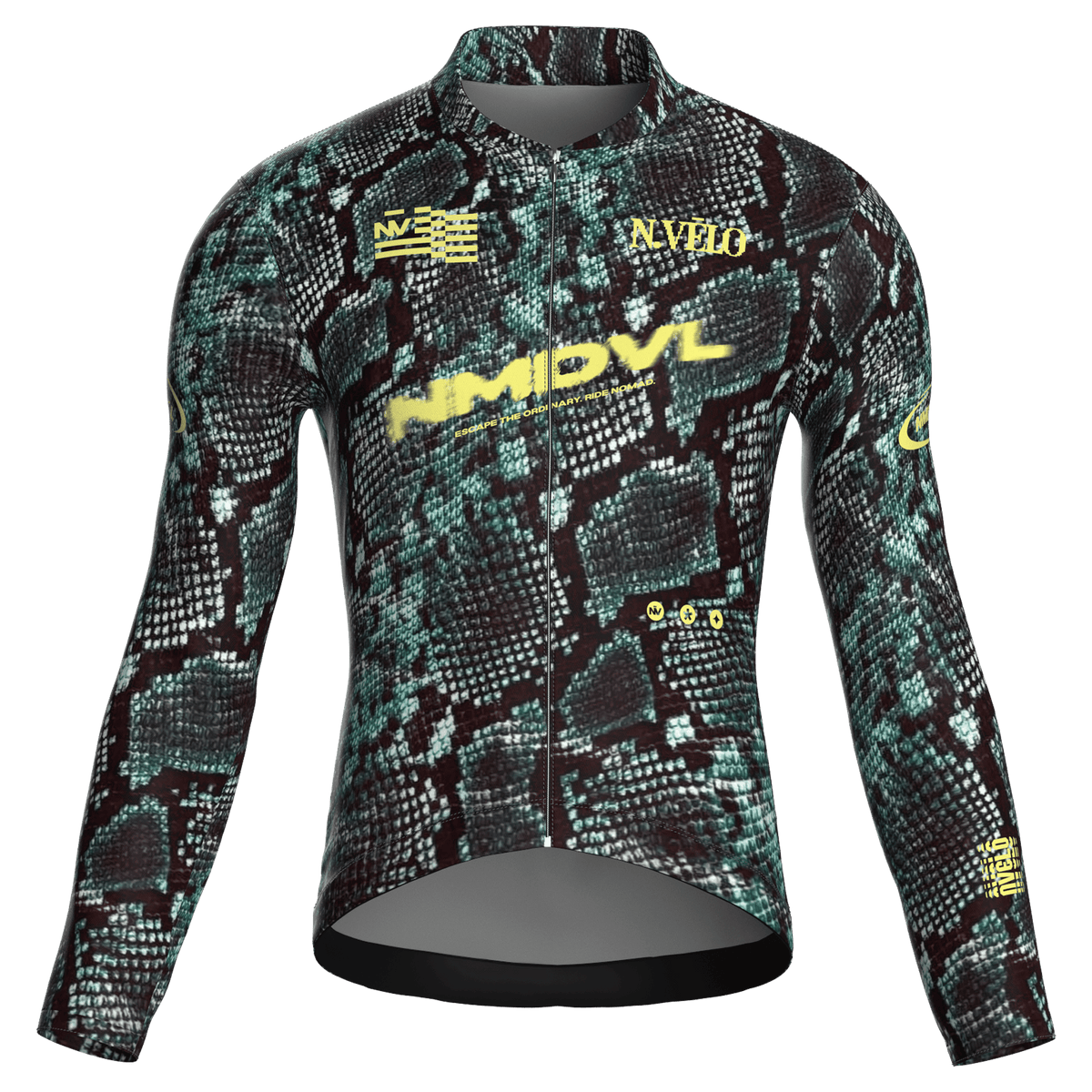 Maglia da ciclismo verde animale a maniche lunghe, vestibilità da gara, con stampa effetto pelle di serpente
