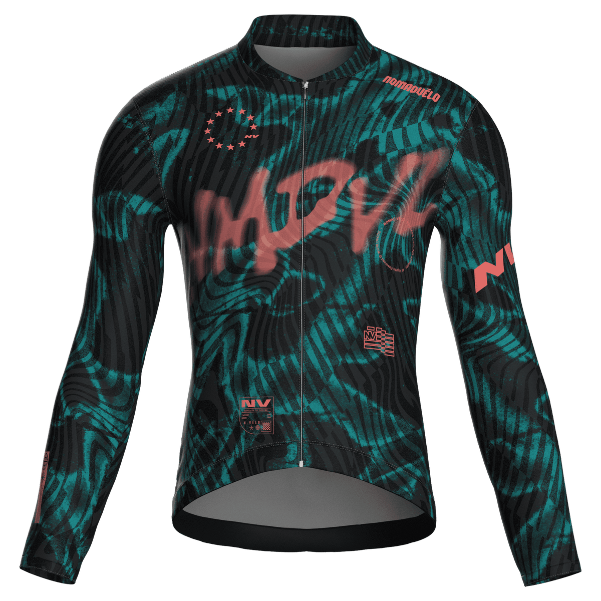 Maglia da ciclismo Warp Black a maniche lunghe, vestibilità da gara, stampa a onde