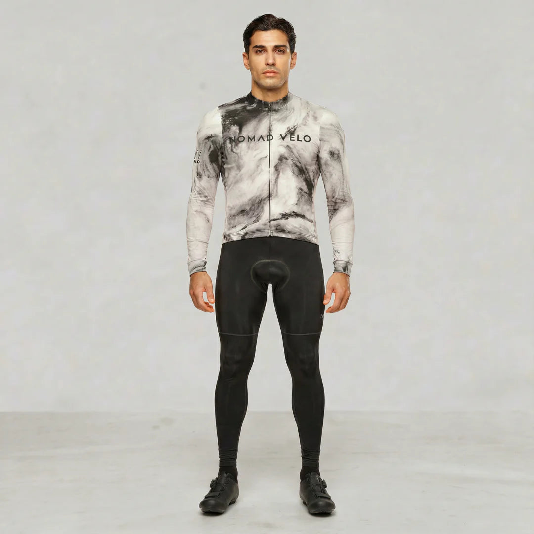 Maglia da ciclismo a maniche lunghe Obsidian – Aero Fit termica nera dal design elegante per l'inverno | Nomad Vélo
