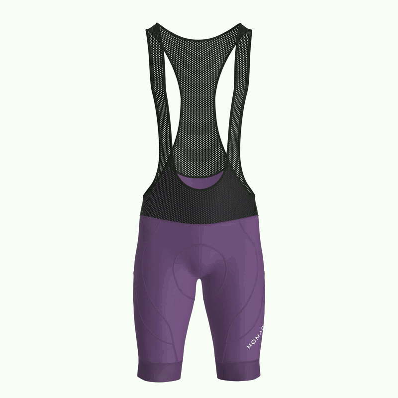Pantaloncini da ciclismo viola con bretelle – Imbottitura performante con fondello in grafene K10 per lunghe pedalate | Nomad Vélo