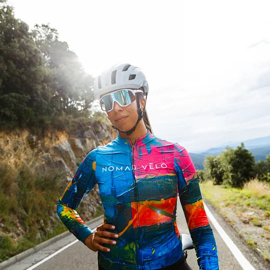 Maglia da ciclismo artistica arancione – Maniche lunghe, stampa colorata, vestibilità da gara | Nomad Vélo